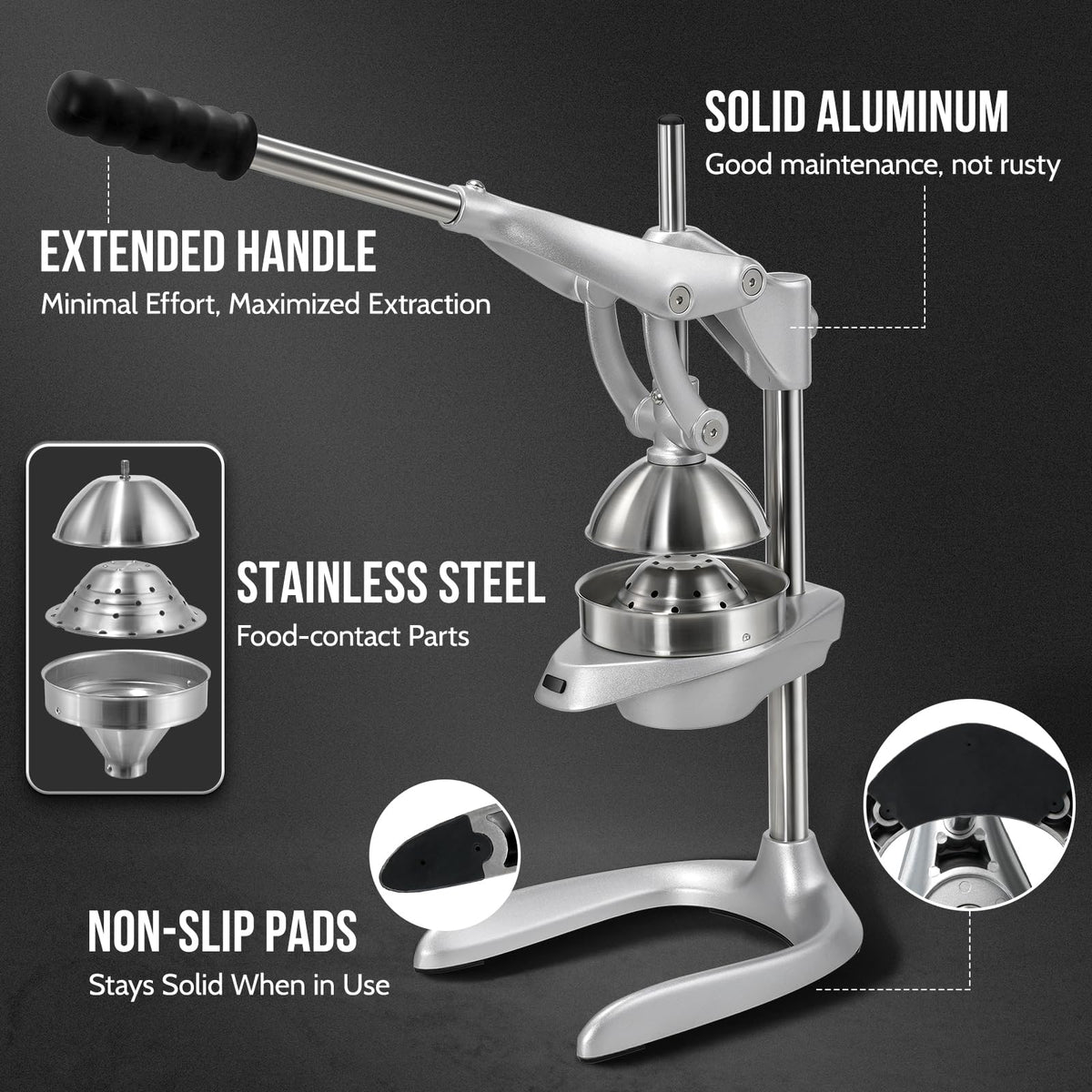 Sopito stainless-steel juicer frame provides durable, stable juicing support.