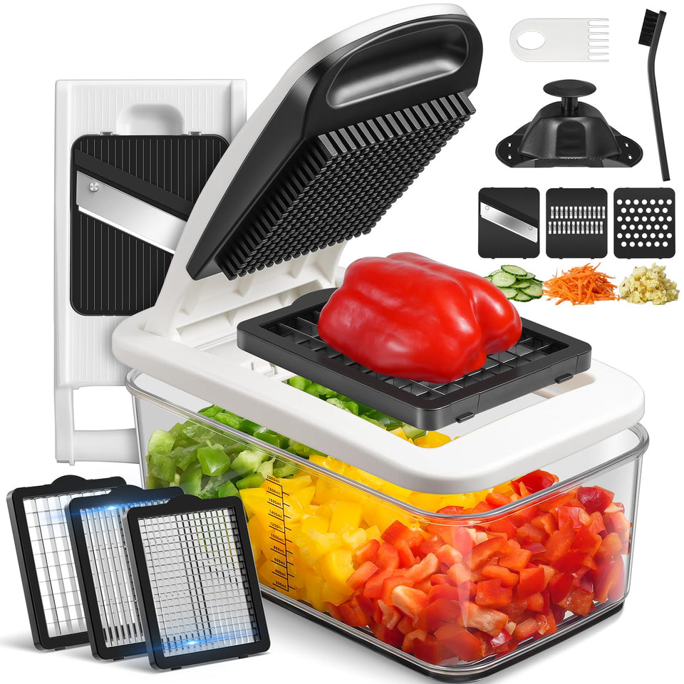 Sopito vegetable chopper with six blades for quick, even dicing and slicing.