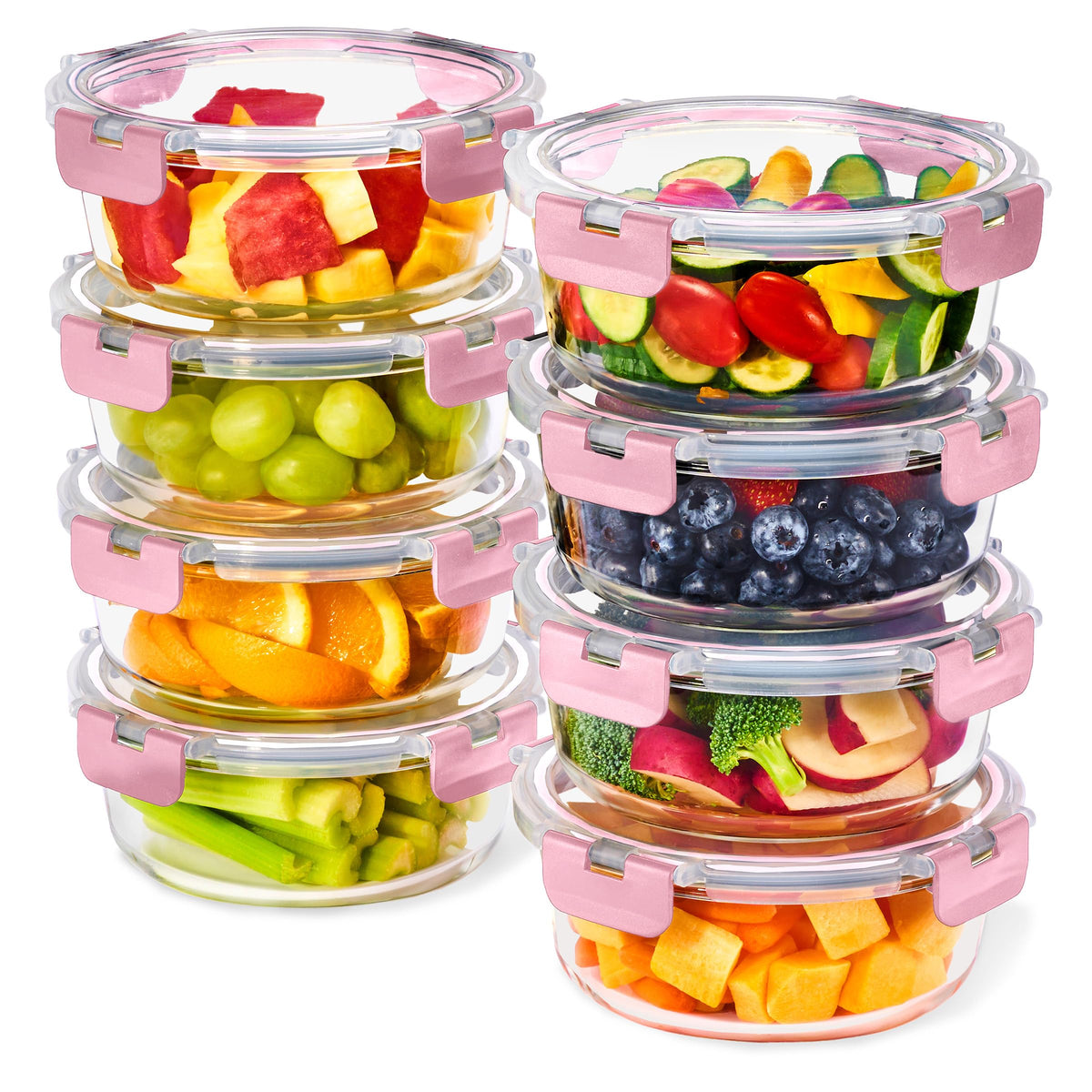Sorbus 16pc glass meal prep set with eight round 32oz containers in pink, ideal for organized meals.