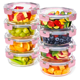 Sorbus 16pc glass meal prep set with eight round 32oz containers in pink, ideal for organized meals.