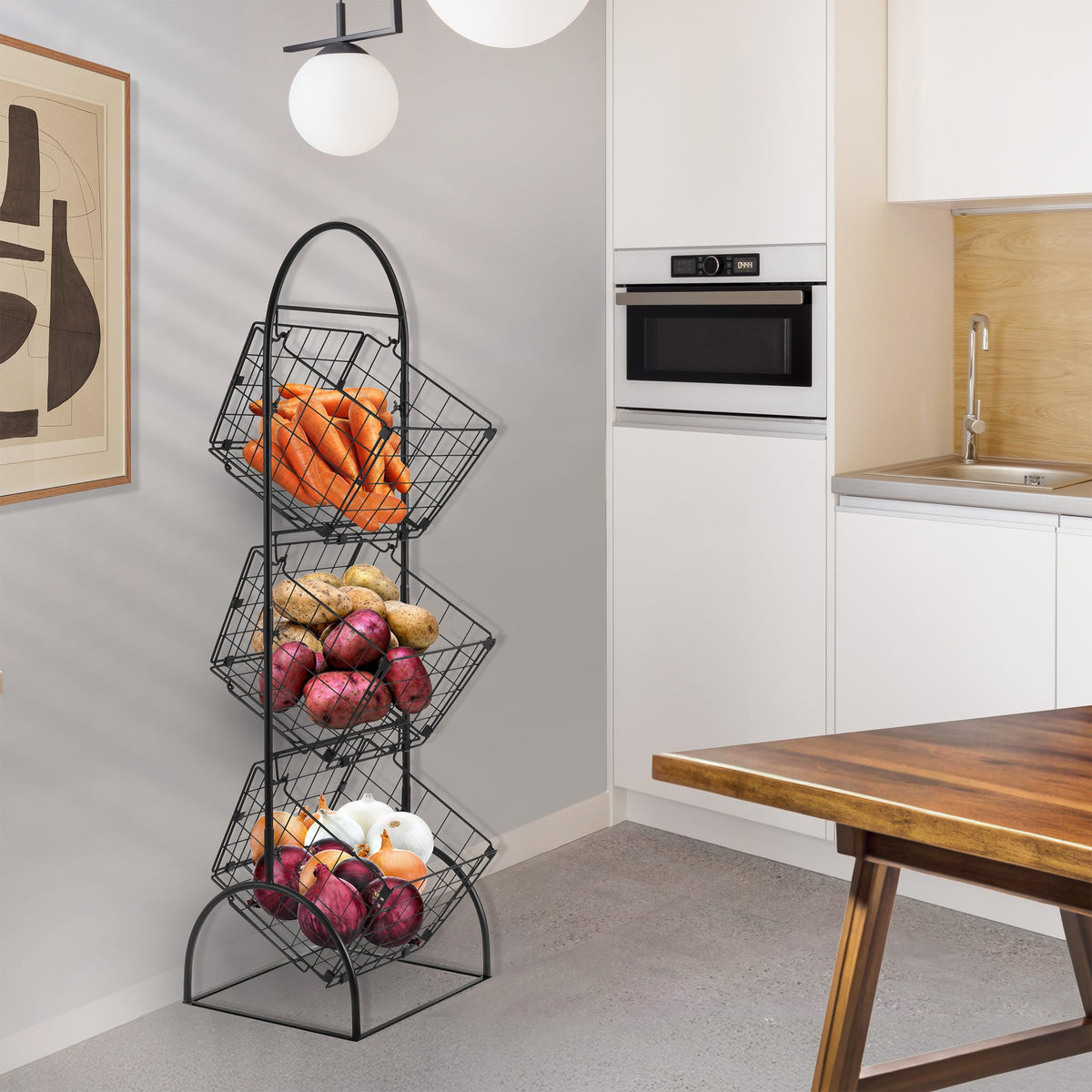 Sorbus 3-Tier Market Basket side view emphasizes slim footprint for compact kitchens