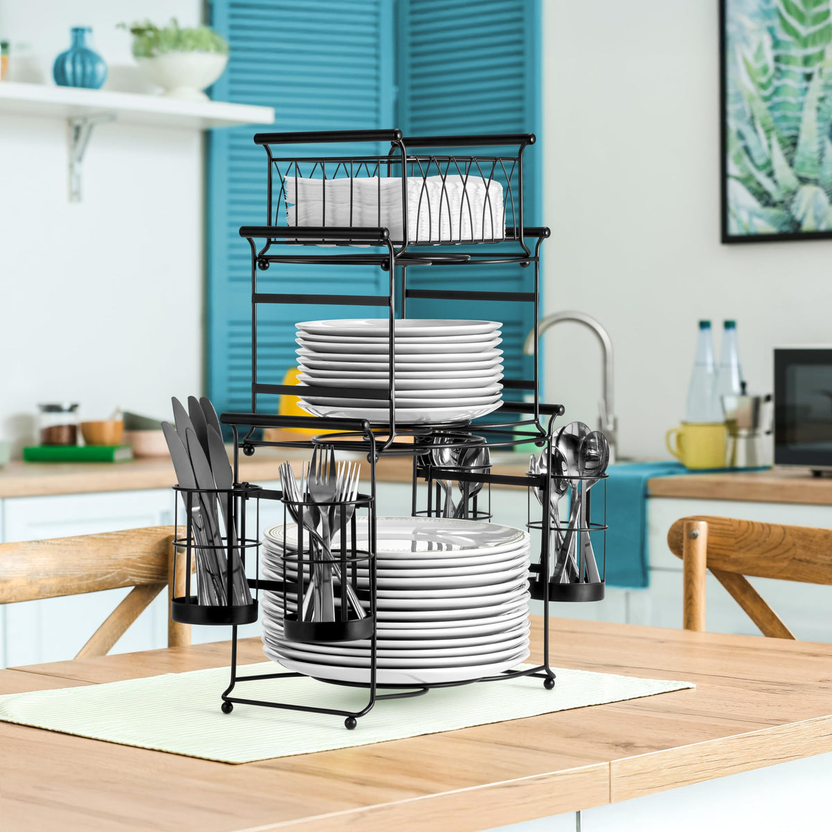 Sorbus napkin basket on top keeps napkins tidy and reachable during meals.