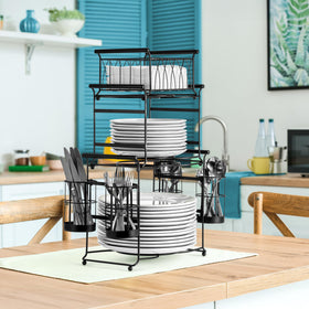 Sorbus napkin basket on top keeps napkins tidy and reachable during meals.