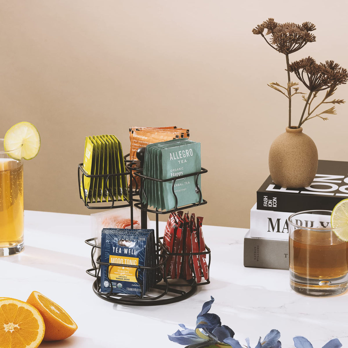Sorbus countertop tea storage neatly organized on a kitchen surface