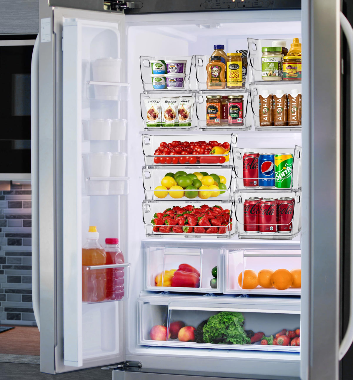 Sorbus fridge organizer bin clear keeps fruits and yogurts neatly arranged.