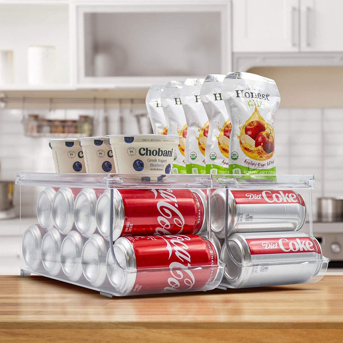 Sorbus can organizer fits fridge, pantry, or freezer; flexible placement options.