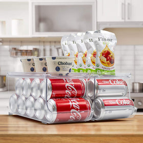 Sorbus can organizer fits fridge, pantry, or freezer; flexible placement options.