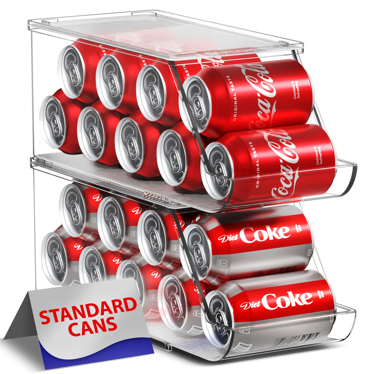Sorbus soda can organizer in fridge with cans, offers easy access and organized cooling.