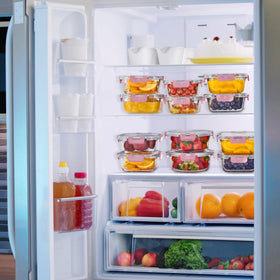Sorbus compact, stackable glass containers fit neatly in the fridge or cabinet.