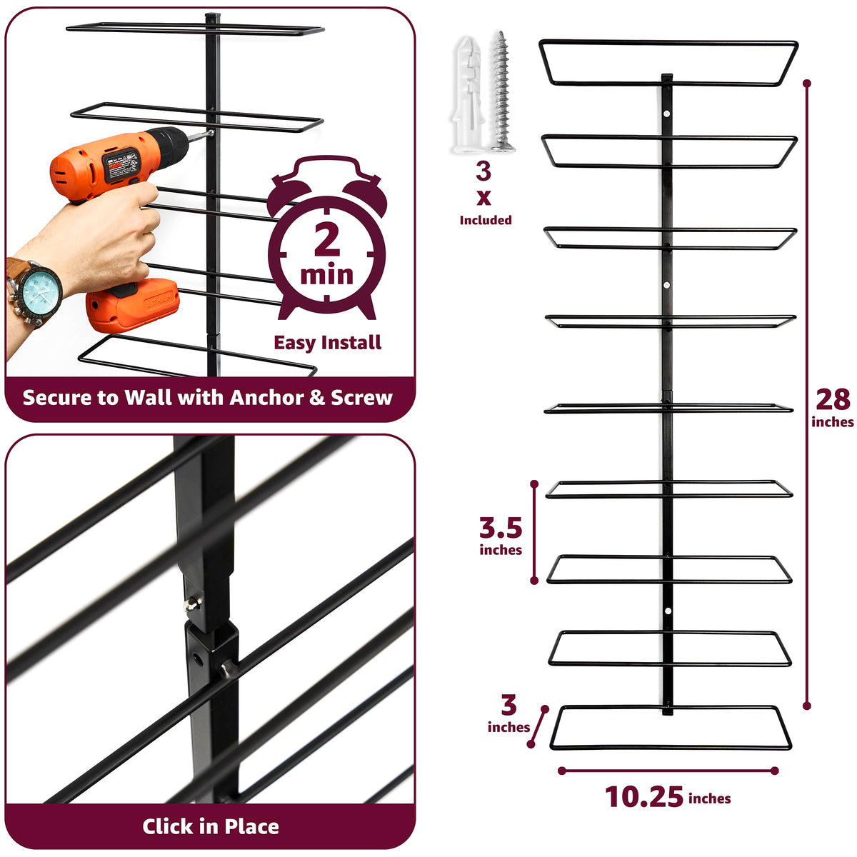 Sorbus wall mount wine rack closeup black metal finish highlights durability.
