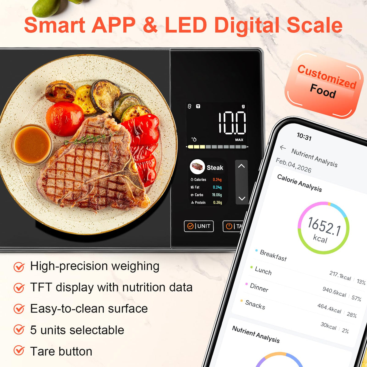SORMDMRD Smart Scale LED screen delivers clear weight readings