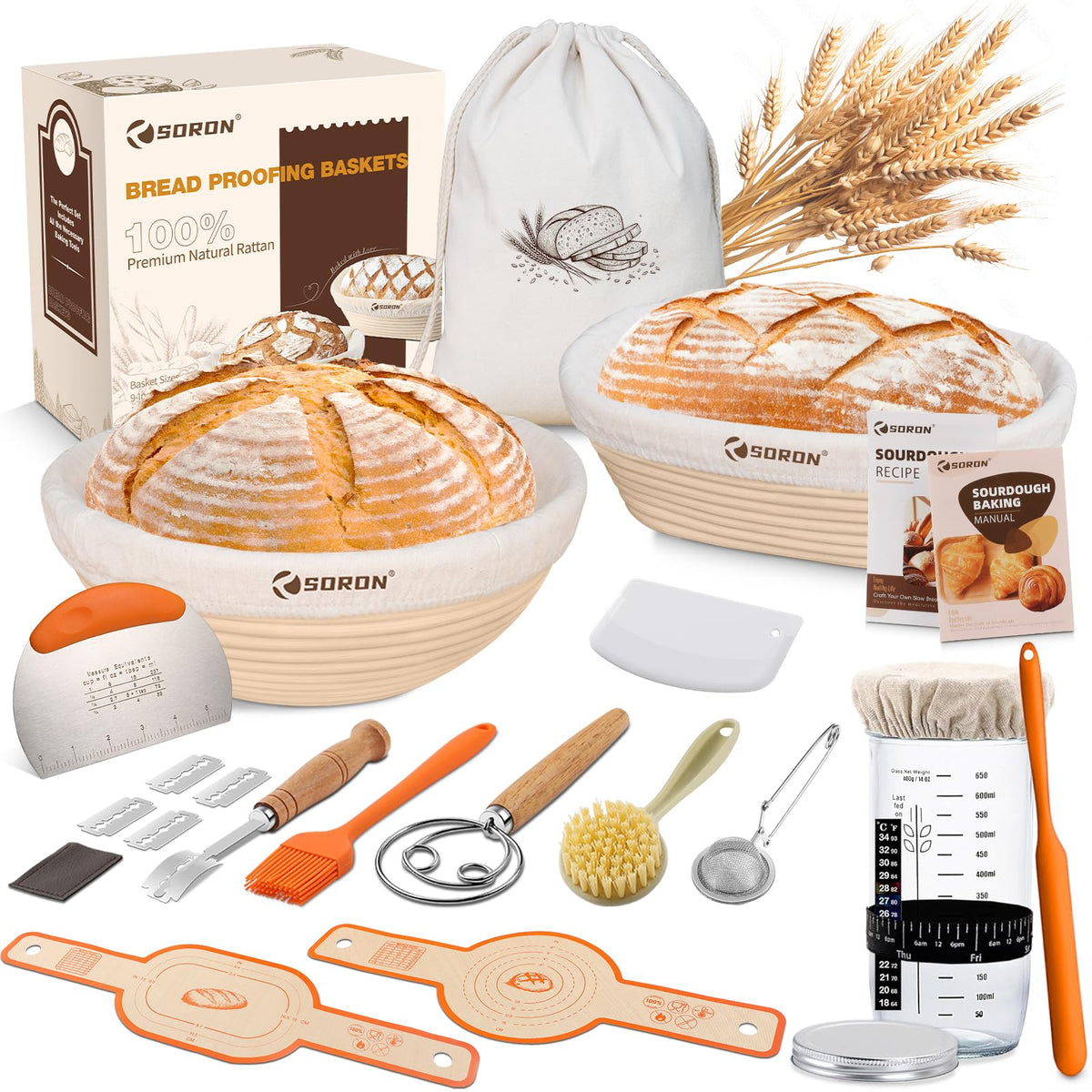 SORON sourdough starter kit with banneton baskets and jar for home bread proofing