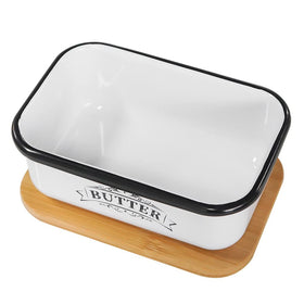 SOTECH metal butter keeper with bamboo lid adds rustic farmhouse style.