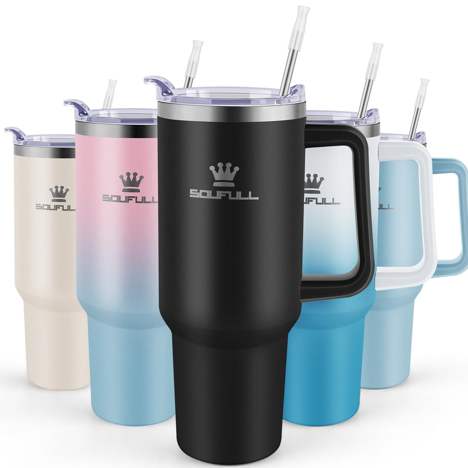Soufull 40 oz tumbler with handle and straw lid for easy on-the-go hydration.