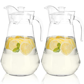 SOUJOY 2-pack clear pitcher with lids on, ideal for fresh drinks.