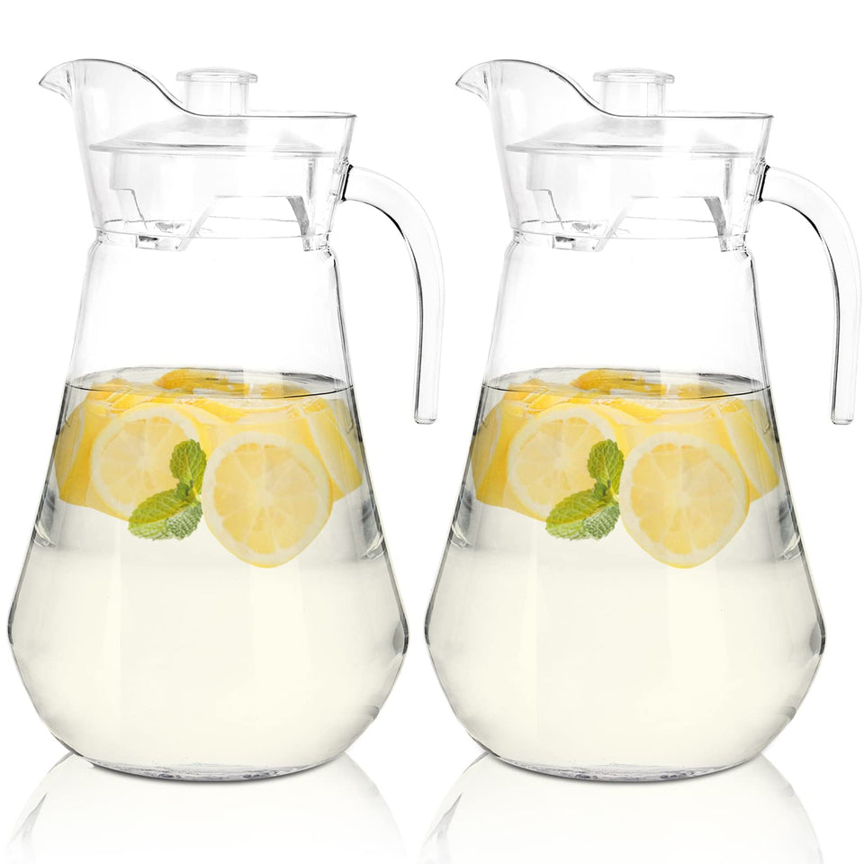 SOUJOY 2-pack clear pitcher with lids on, ideal for fresh drinks.