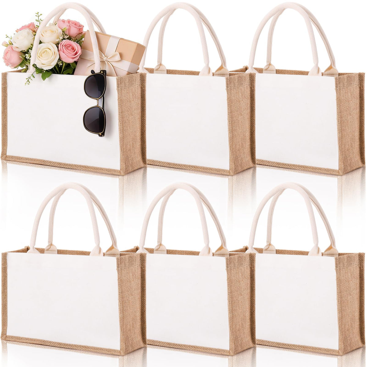 SOUJOY burlap tote bag six-pack with sturdy reinforced handles for everyday shopping.