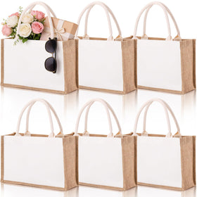 SOUJOY burlap tote bag six-pack with sturdy reinforced handles for everyday shopping.