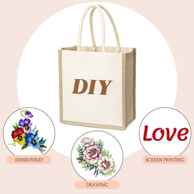SOUJOY burlap tote with soft, reinforced handles for comfortable carrying.