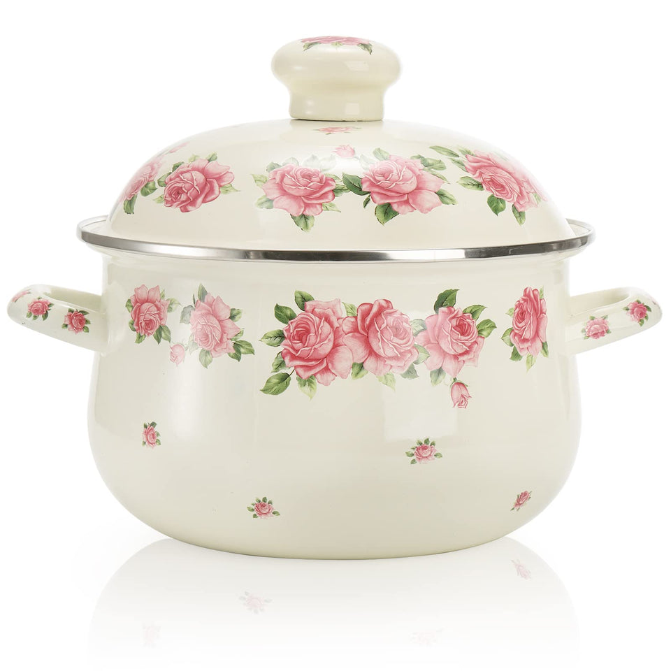 SOUJOY enamel stockpot with lid, 2.8 qt, ideal for family soups.