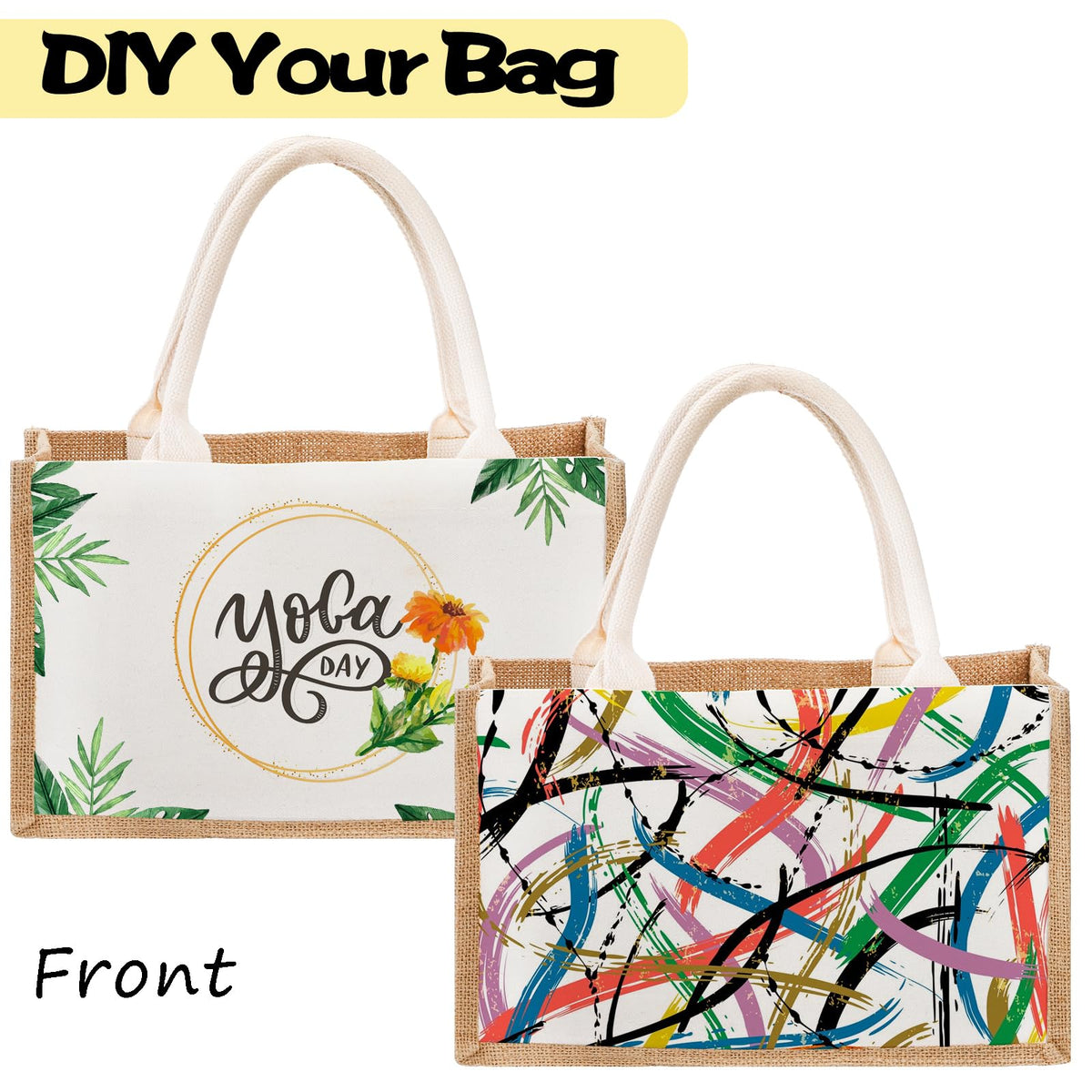 SOUJOY wide-bottom burlap tote maintains shape when loaded with items.