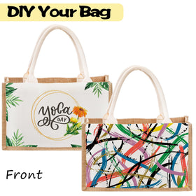 SOUJOY wide-bottom burlap tote maintains shape when loaded with items.
