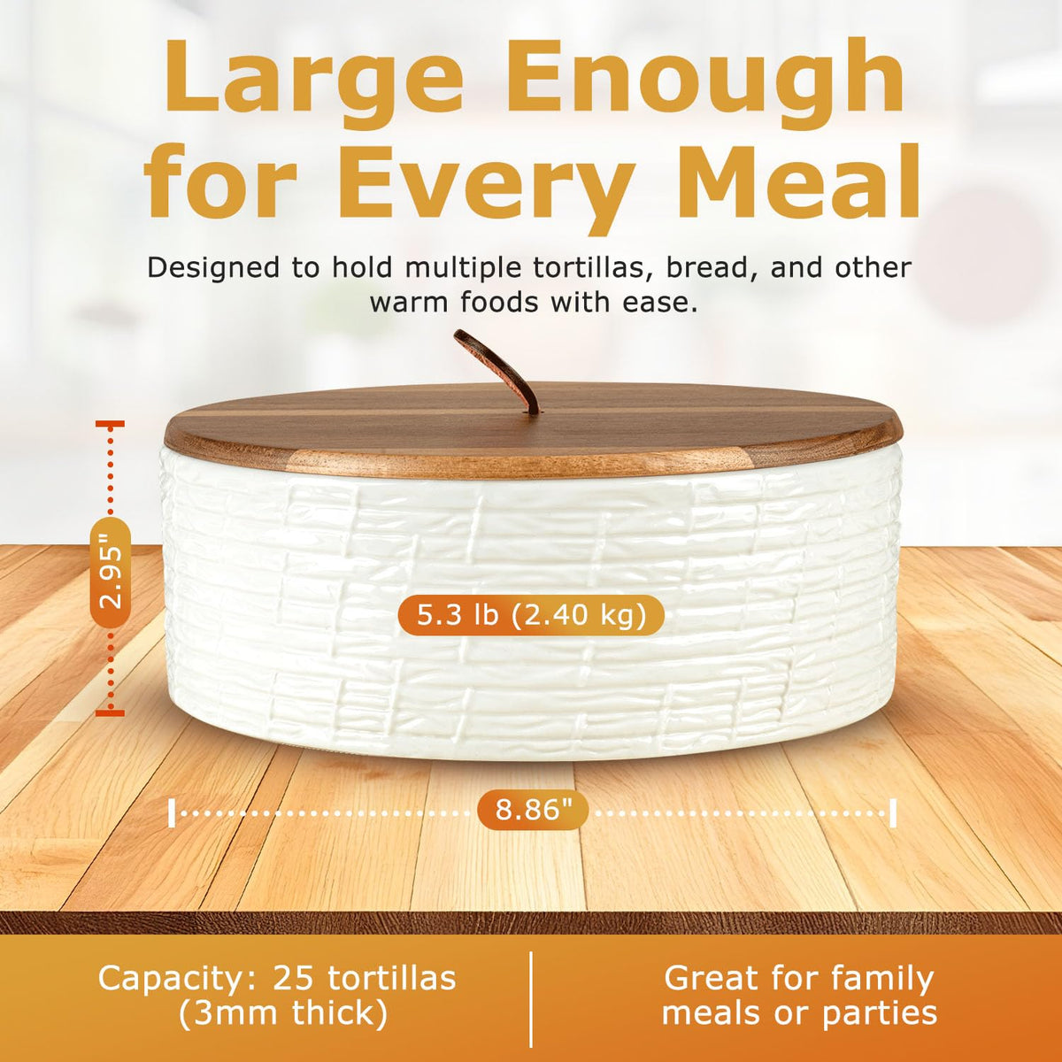 SoulMex ceramic tortilla warmer is microwave and oven safe for quick reheats.