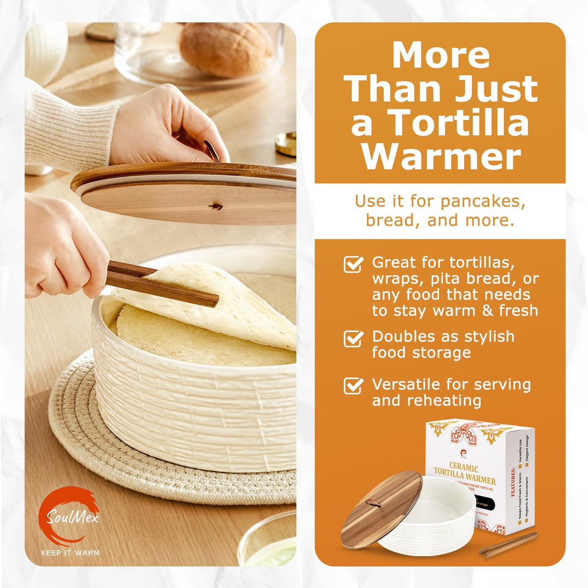 SoulMex tortilla warmer on a dining table makes serving warm.