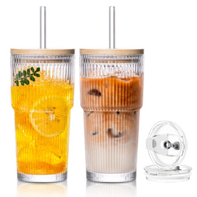 SoulTimes 20oz ribbed glass cup with lid for stylish iced drinks.