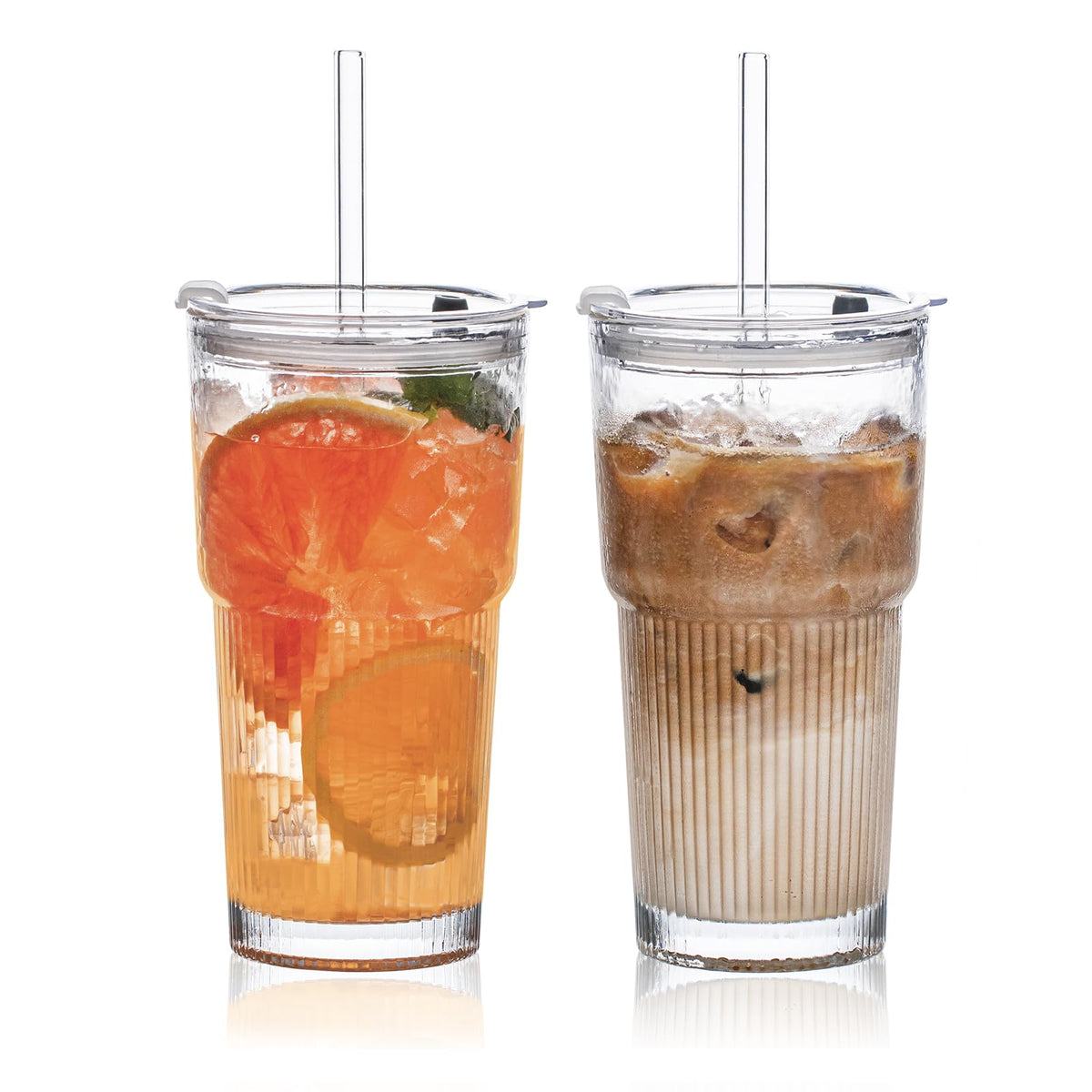 SoulTimes 20oz ribbed glass tumbler with lid for iced drinks at home