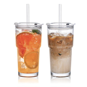 SoulTimes 20oz ribbed glass tumbler with lid for iced drinks at home