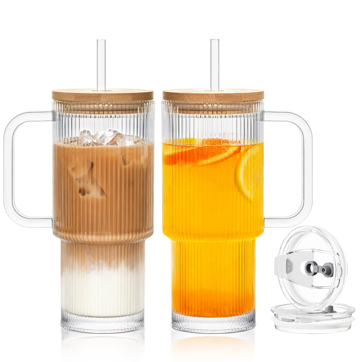 SoulTimes 24oz ribbed glass tumbler with handle and bamboo lid for spill resistance.