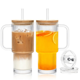 SoulTimes 24oz ribbed glass tumbler with handle and bamboo lid for spill resistance.