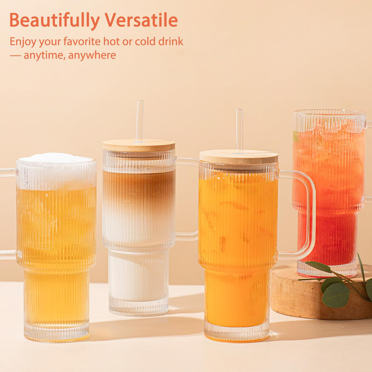 SoulTimes ribbed glass tumbler with sealed plastic lid keeps beverages secure on the go.