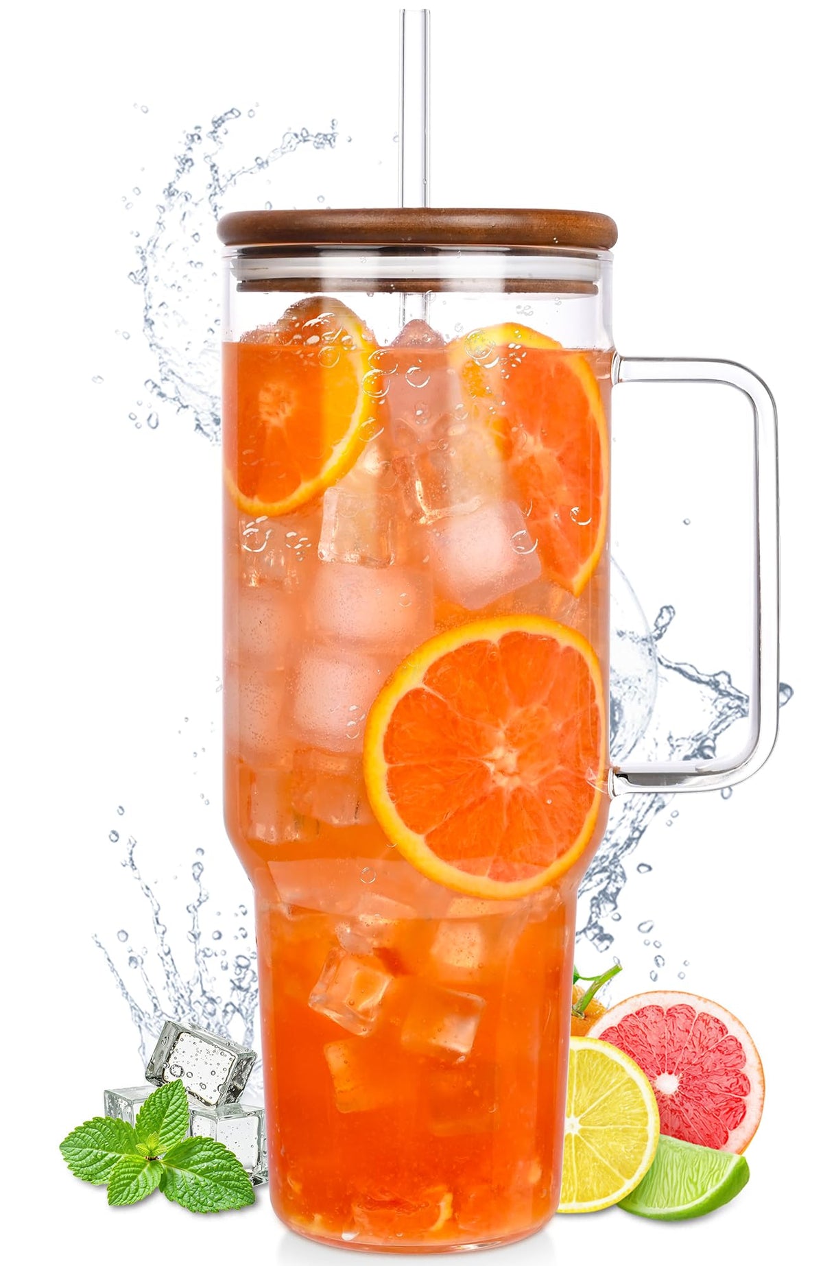 Soumeclu 49oz glass tumbler with acacia lid and easy-grip handle for daily hydration.