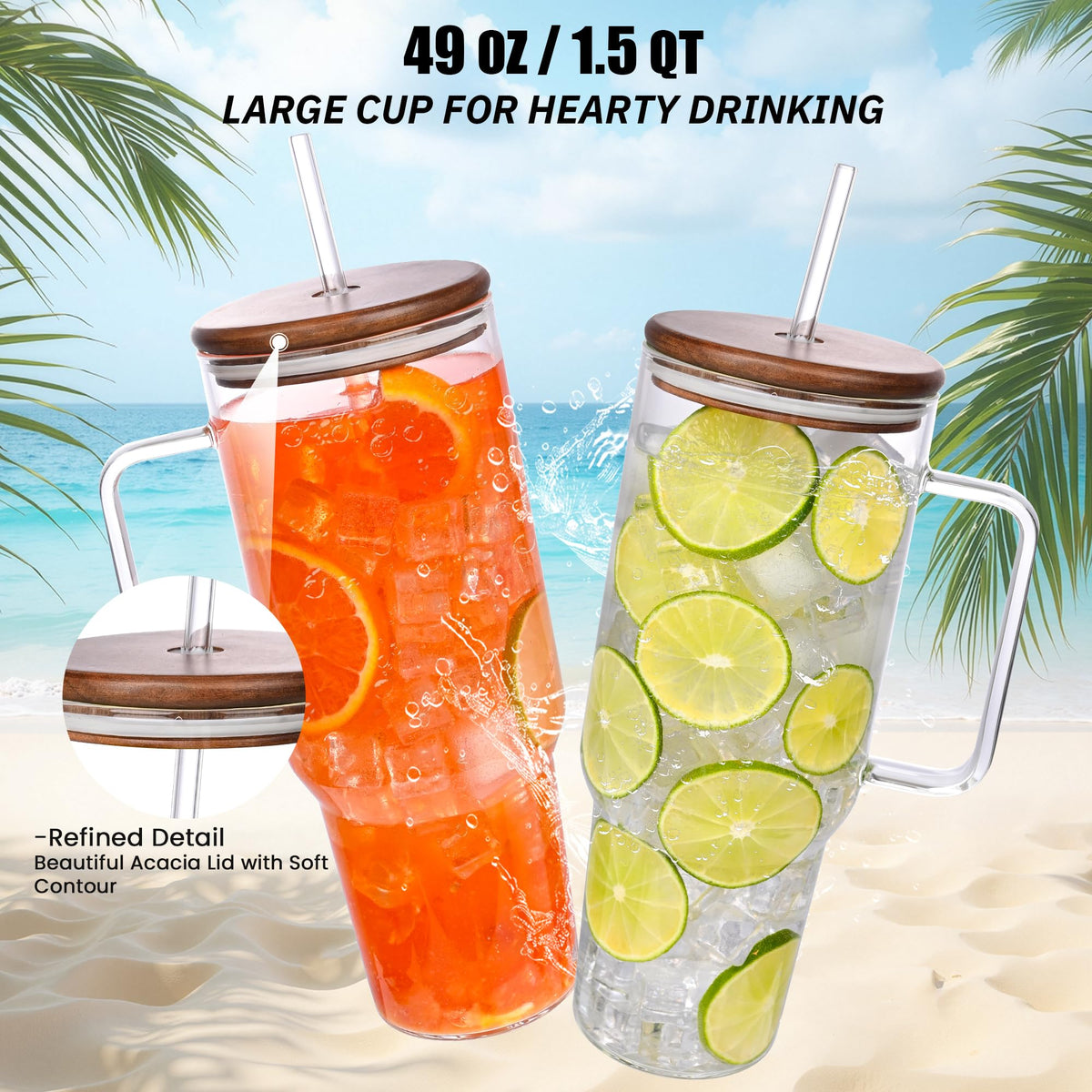 Soumeclu glass tumbler handle close-up for a comfortable grip.