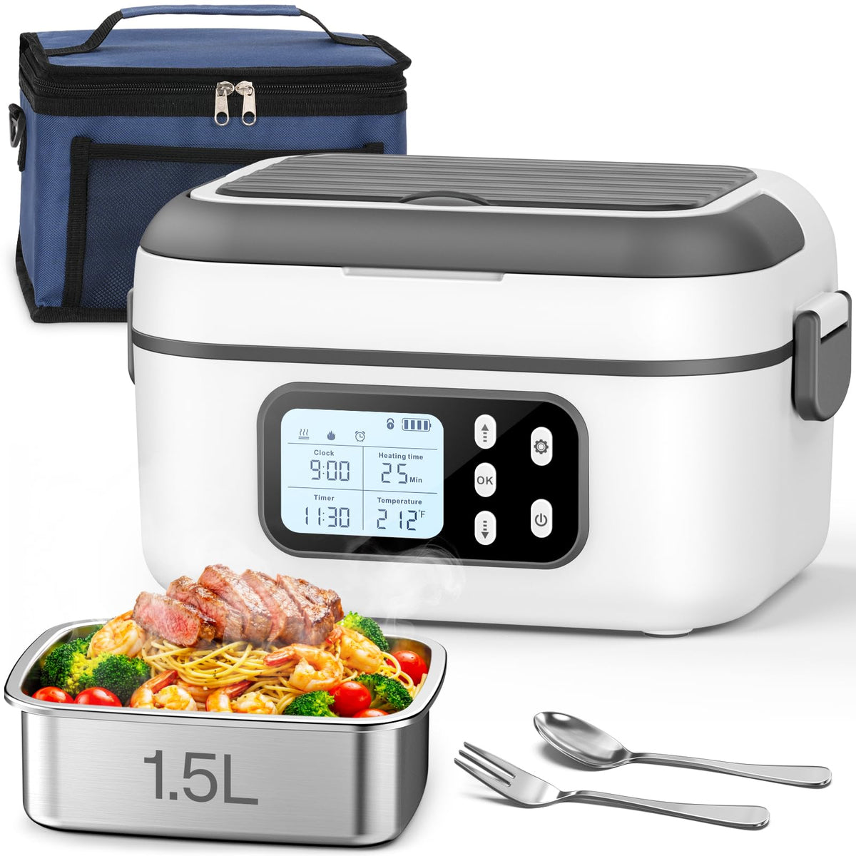SOUOA cordless heated lunch box front view for on-the-go meals.