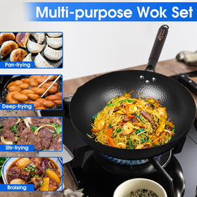Souped Up Recipes carbon steel wok handle sizzling for quick, flavorful tosses.