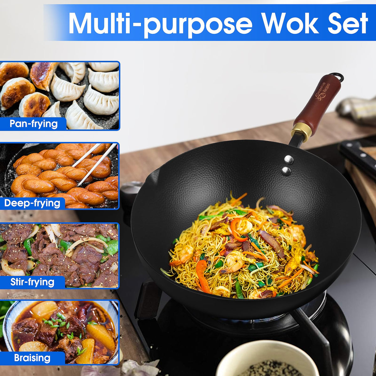 Souped Up Recipes wok with glass lid included for easy monitoring.
