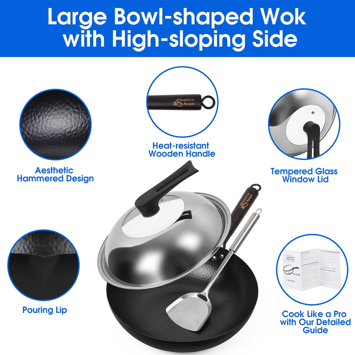 Souped Up Recipes wok with lid and guide supports confident, beginner-friendly cooking.