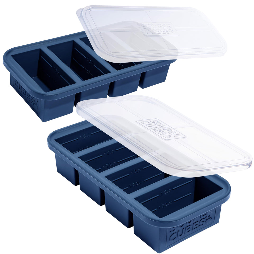 Souper Cubes 1 cup silicone freezer molds with lids in blueberry enable easy meal portions.