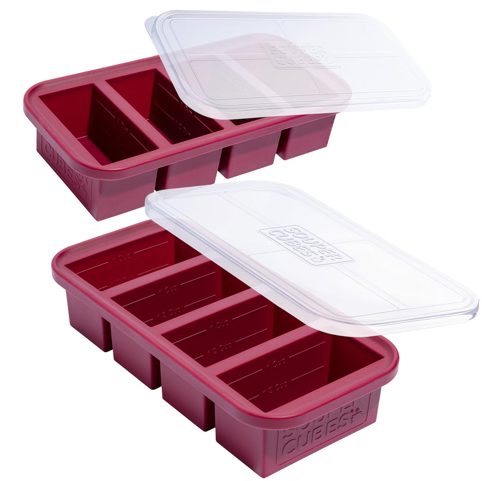 Souper Cubes 1 cup tray with lid in Cranberry for easy portioning and quick freezing.