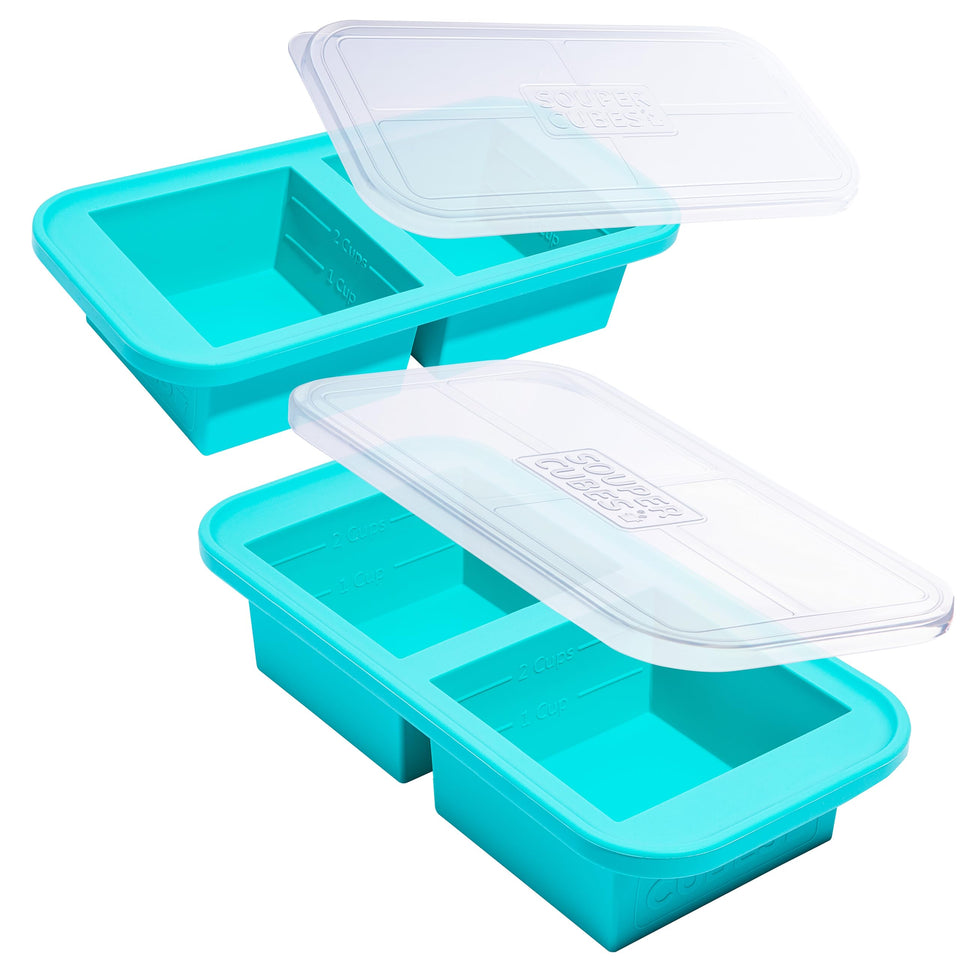 Souper Cubes 2-cup silicone freezer mold with lid for easy portioning and meal prep.
