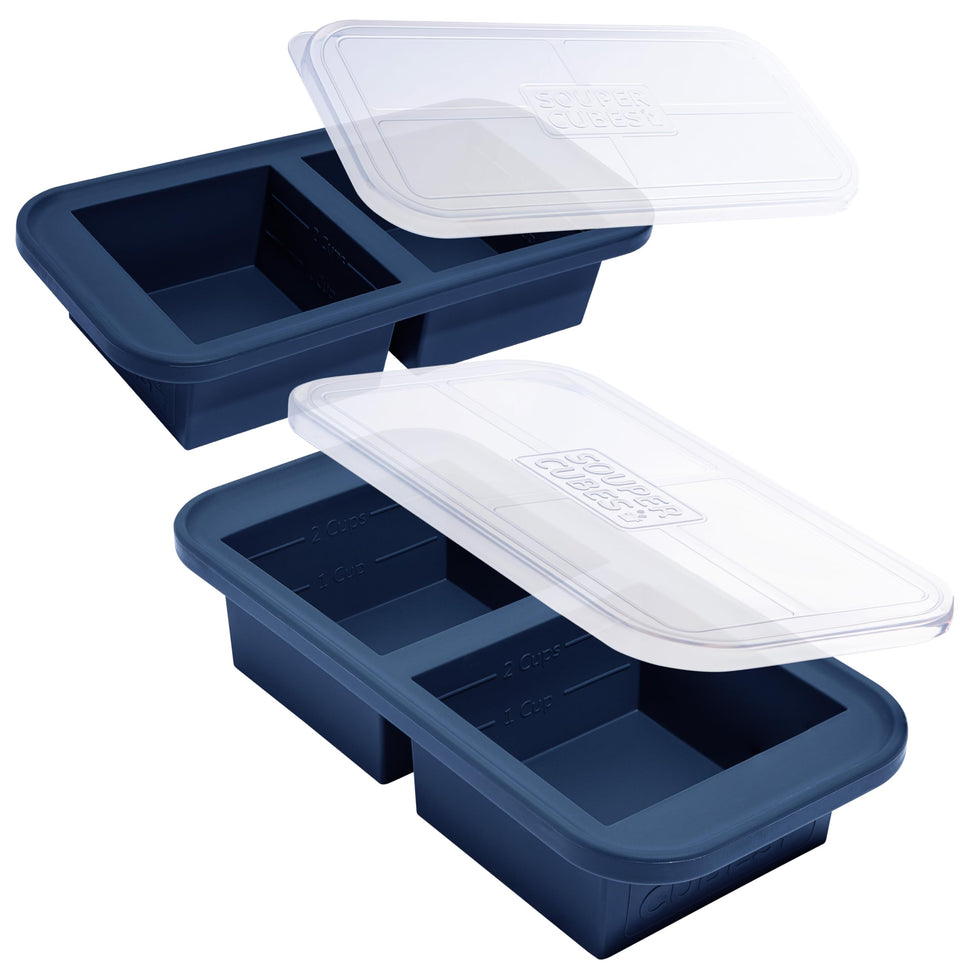 Souper Cubes 2-cup silicone freezer mold with lid in blueberry, ideal for quick meal prep.