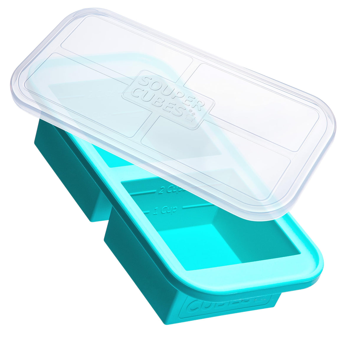Souper Cubes 2-Cup tray with aqua lid, ideal for portioning soups and sauces.