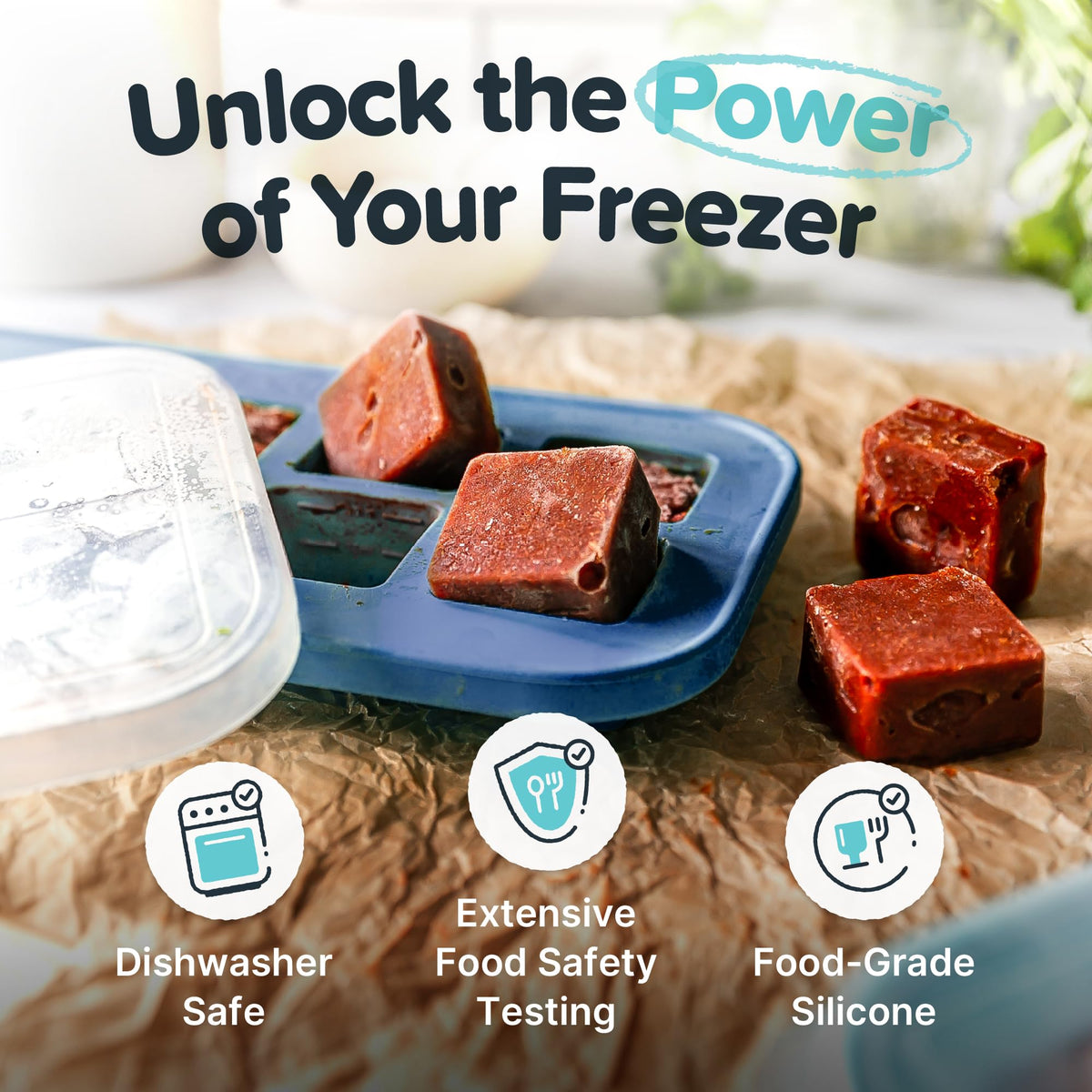 Souper Cubes ginger freezer mold in blueberry, preserves grated ginger for cooking.