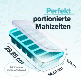 Souper Cubes aqua freezer mold for precise, ready-to-heat portions.