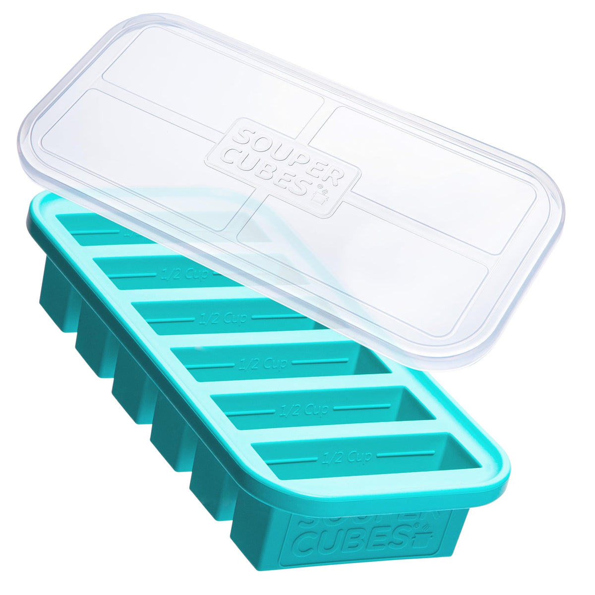 Souper Cubes aqua half-cup mold with lid, perfect for portioning soups and sauces.