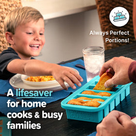 Souper Cubes aqua in-use tray shown for soup and smoothie prep.
