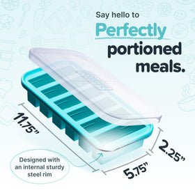 Souper Cubes aqua lid-mold setup for freezer prep of sauces.